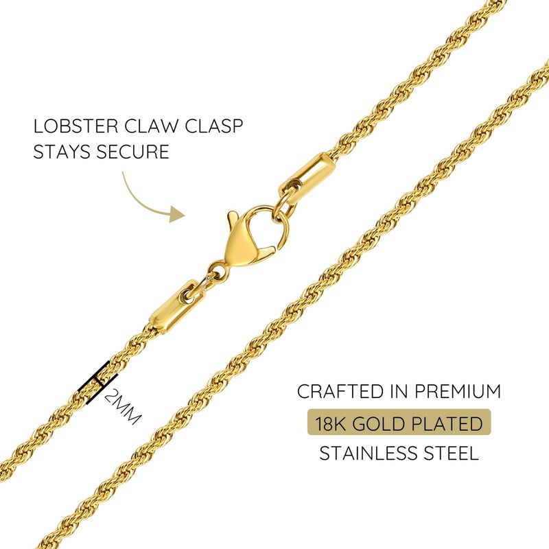 KISPER 18k Gold Hip Hop Rope Chain Necklace â€“ 2mm Thin Gold Plated Stainless Steel Jewelry for Women & Men with Lobster Clasp, 20â€ - Image 3